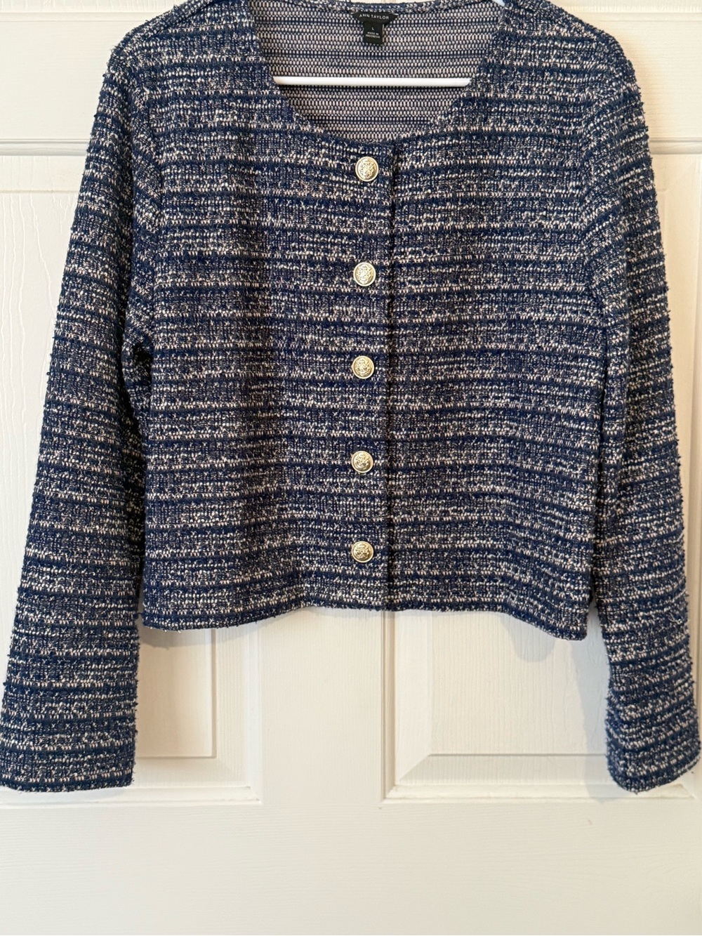 Ann Taylor Navy and White Bouclé Button-Front Cardigan